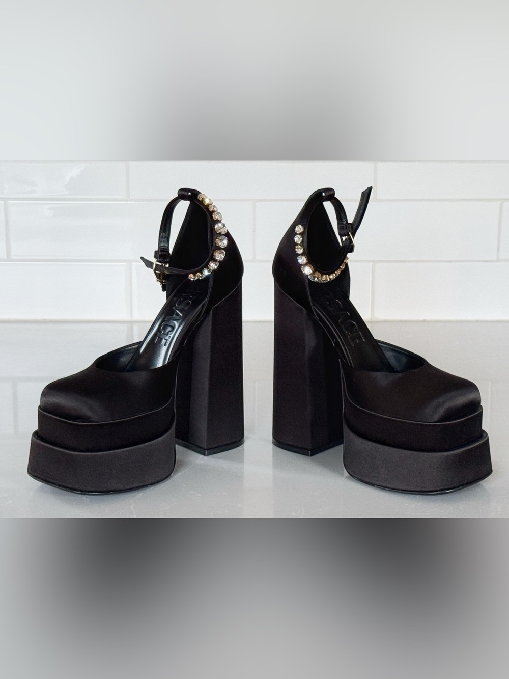 Versace Black Platform Block Heel D’Orsay Pump with Crystal Ankle Strap, Size 6